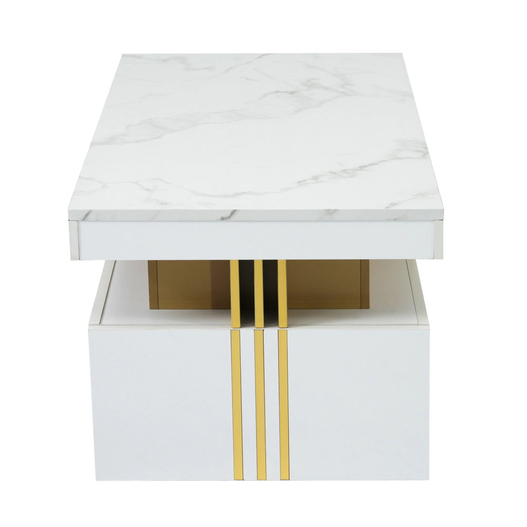 Tavolino da caffè bianco 100x50x40 cm con 2 cassetti e piano marmorizzato