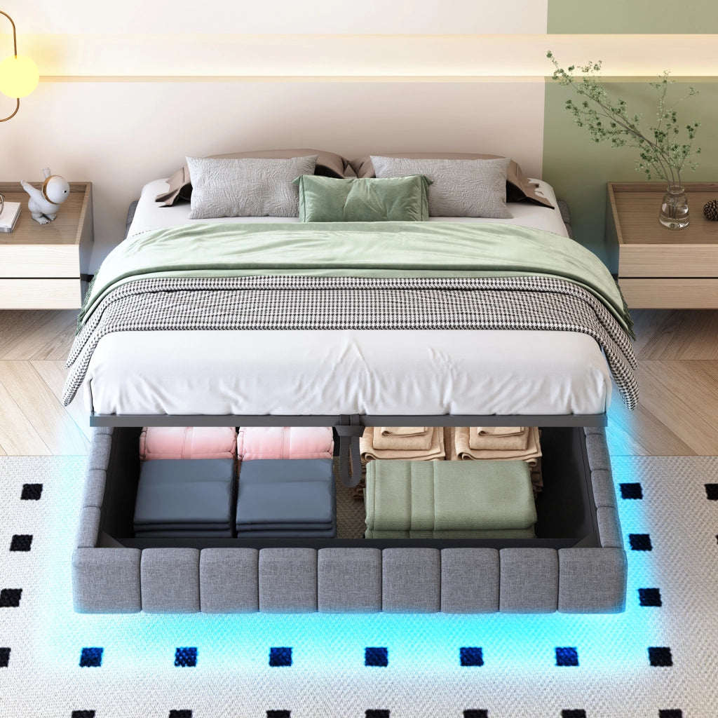 Letti contenitori 160x200 cm; sospeso con LED e contenitore; lino; grigio