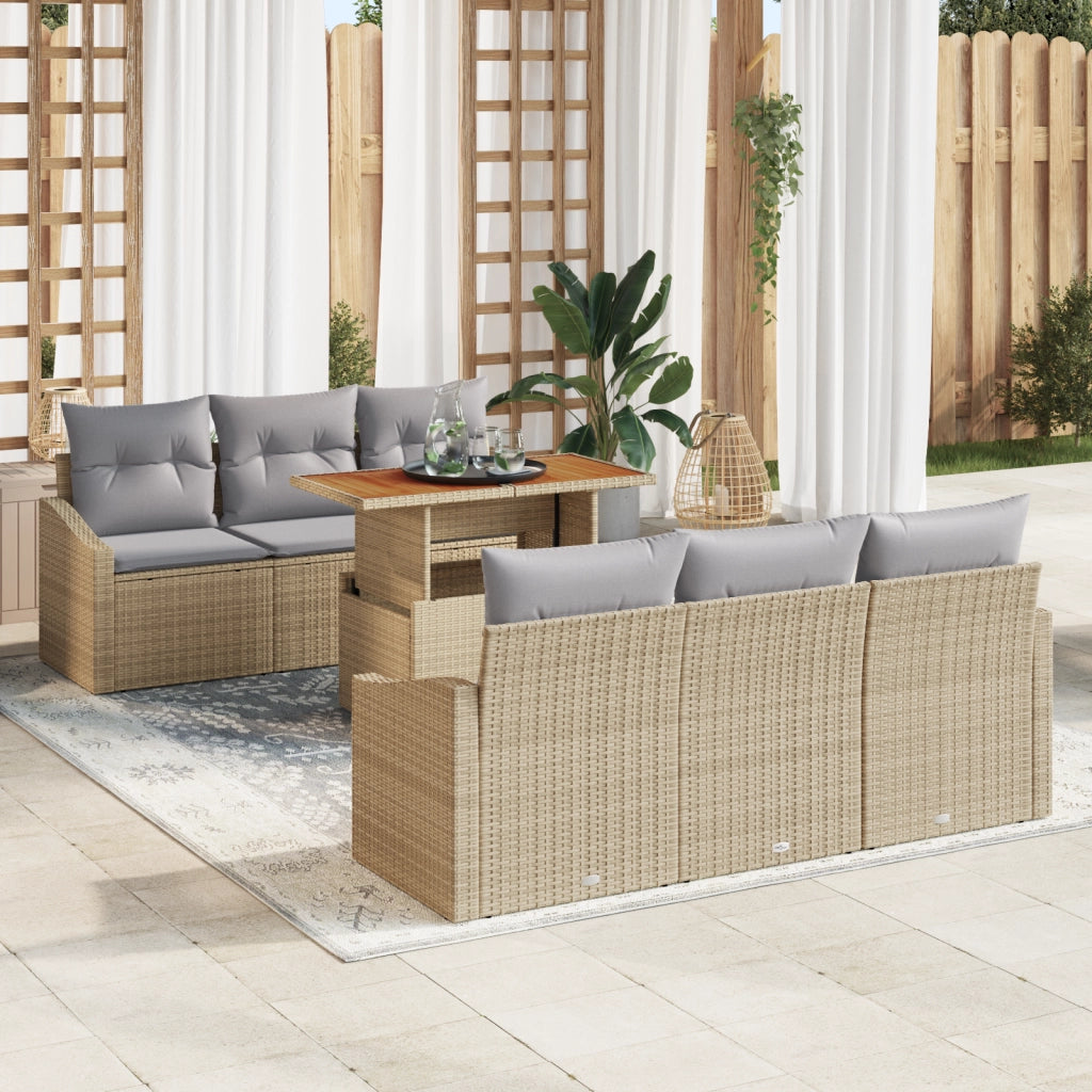 Set da Pranzo da Giardino 7 Pezzi con Cuscini Beige Rattan Poliestere Acacia
