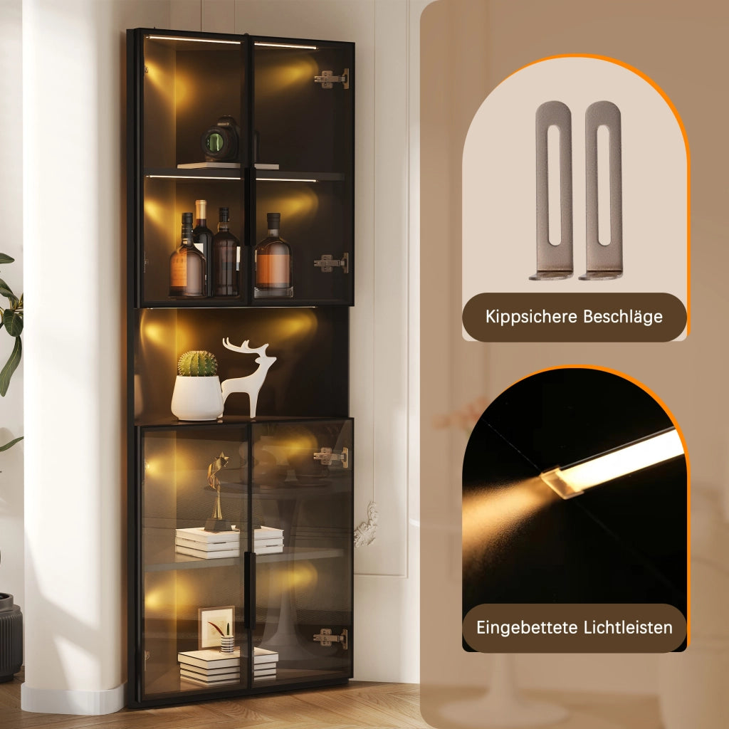 Vetrina angolare triangolare con LED e vano aperto con 2 ante in vetro per soggiorno in MDF nero 62 × 32 × 160 cm