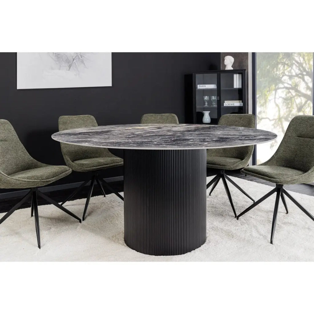Tavolo da pranzo LUMEA – Rotondo 120 cm – Effetto marmo grigio scuro – Piede centrale largo – Stile contemporaneo