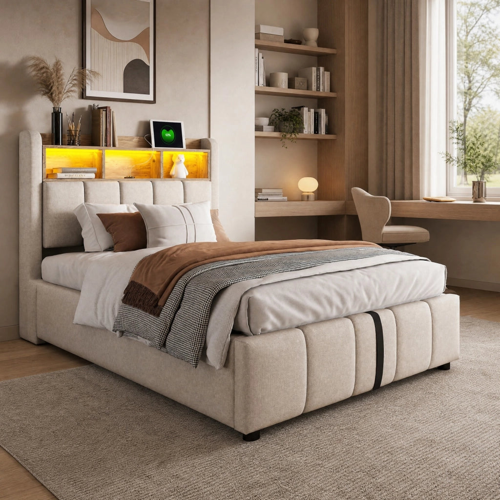Letto imbottito 90x200 cm in tessuto effetto lino con LED, USB-C e vano contenitore idraulico, beige