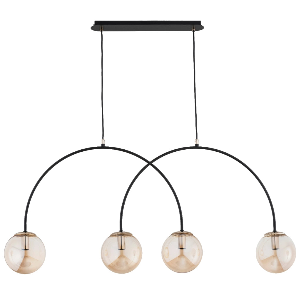 Lampada sospesa BENDO nera 4 luci E14 sfere ambra