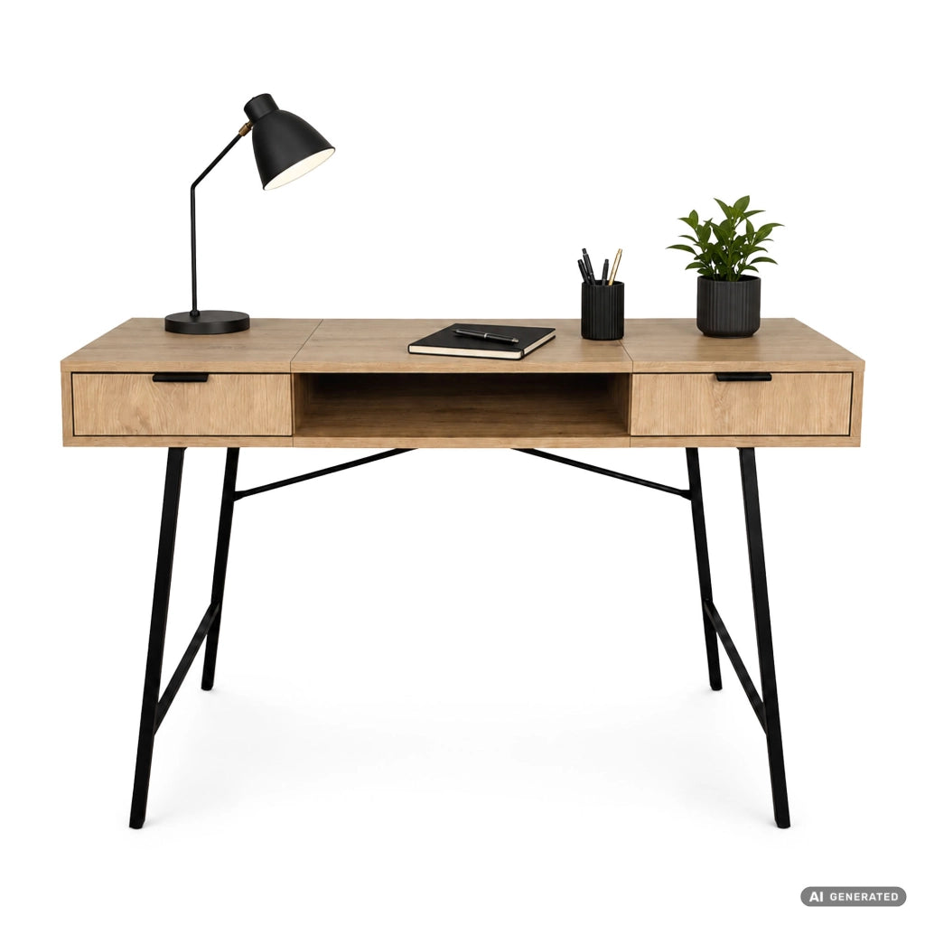 Scrivania industriale per computer Rovere Artisan ARDEN 120 cm 2 cassetti 1 ripiano gambe nere