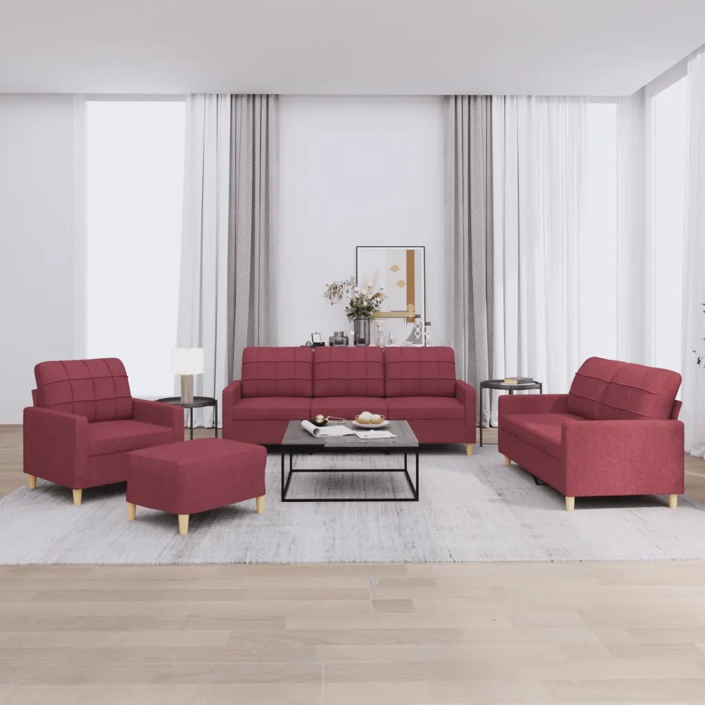 Set di Divani 4 pz con Cuscini Rosso Vino in Tessuto