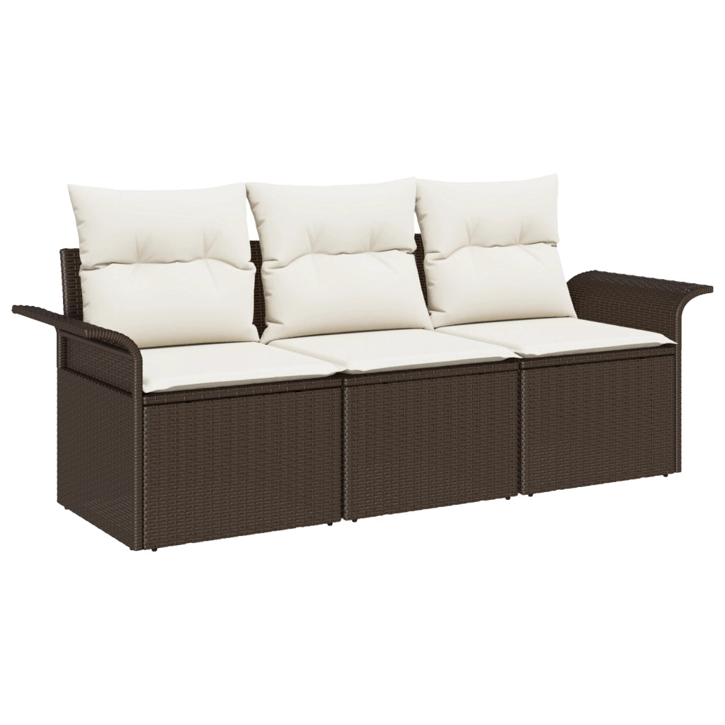 Set Divano da Giardino 3 Pezzi con Cuscini Marrone Polyrattan