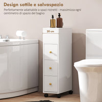 Mobiletto Bagno Salvaspazio 20x40x80 cm con Ruote 3 Cassetti e 5 Vani con Ripiani Regolabili Bianco