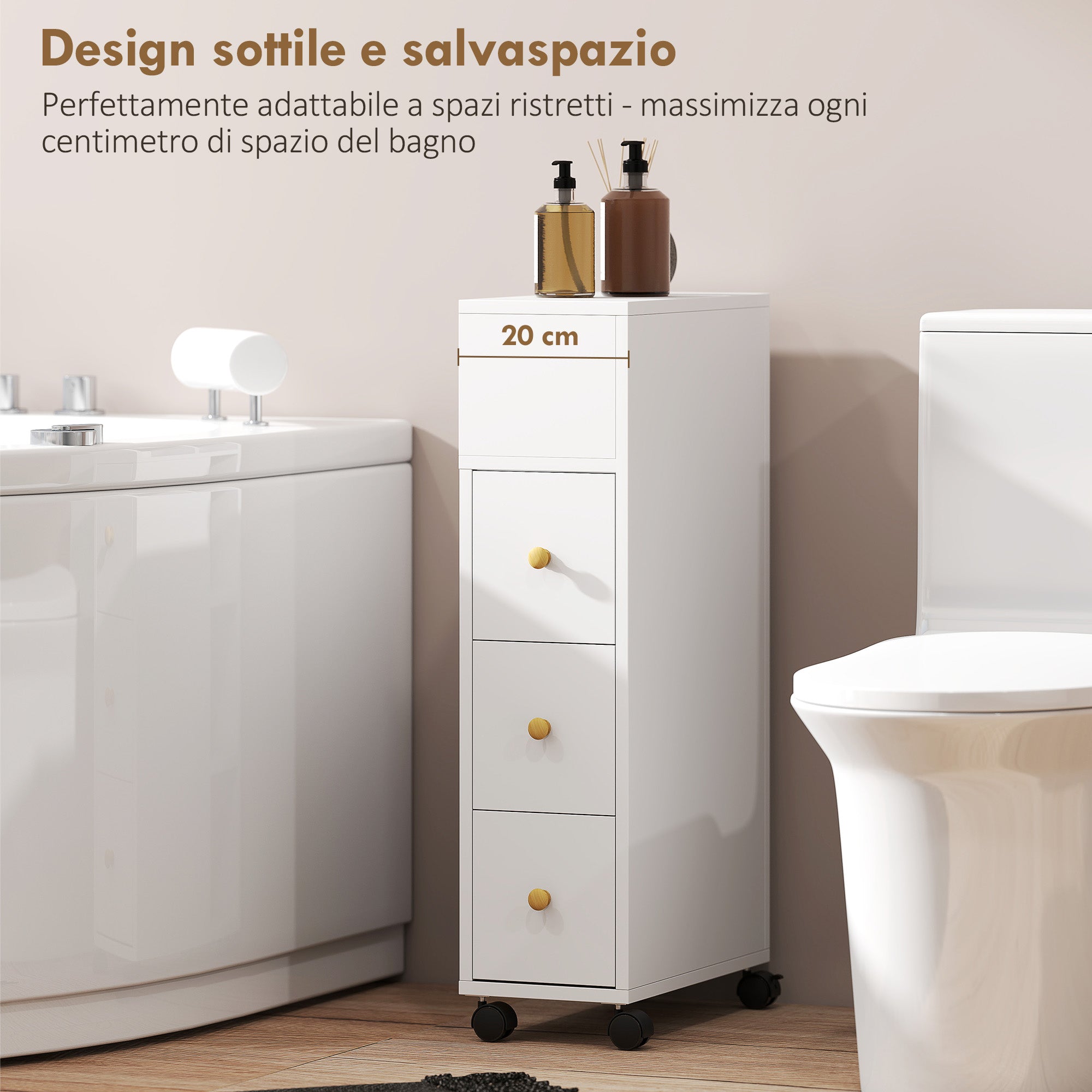 Mobiletto Bagno Salvaspazio 20x40x80 cm con Ruote 3 Cassetti e 5 Vani con Ripiani Regolabili Bianco