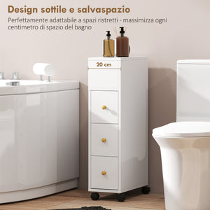 Mobiletto Bagno Salvaspazio 20x40x80 cm con Ruote 3 Cassetti e 5 Vani con Ripiani Regolabili Bianco
