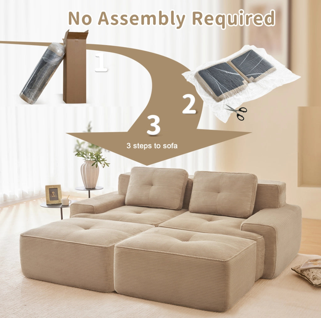 Divano modulare a L Cloud 3 posti in velluto beige con pouf, senza montaggio