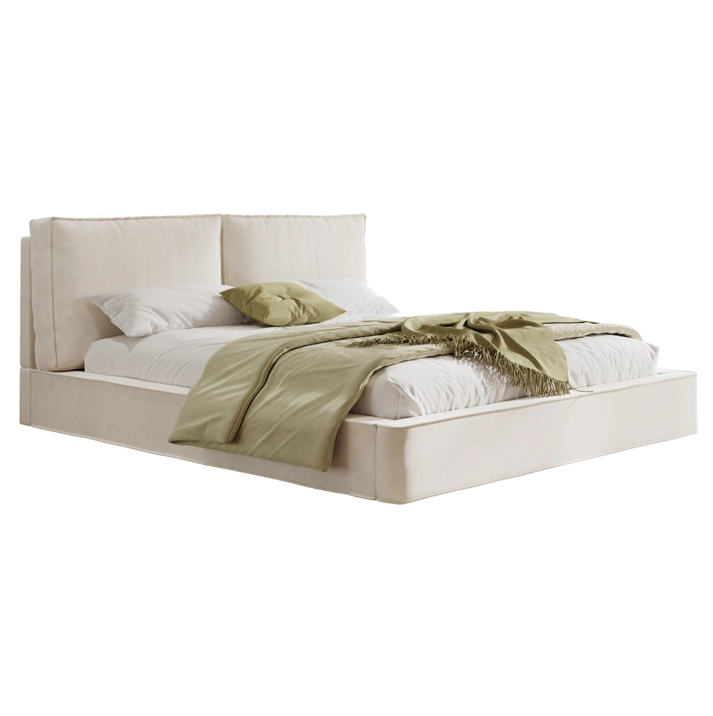 Letto matrimoniale imbottito 160x200 cm in chenille beige con rete a doghe e testiera alta 105 cm