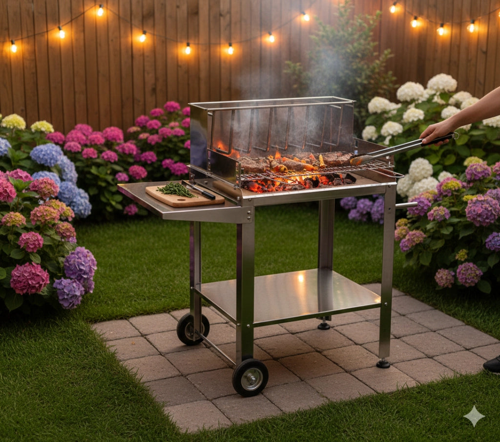Barbecue a Legna o Carbone Ompagrill Graticola in Tondino di Acciaio Cromato Rivestimento Interno Refrattario e