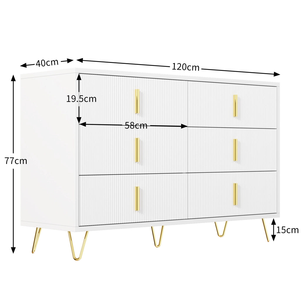 Credenza con 6 Cassetti; Frontale Ondulato; Maniglie e Gambe Dorate; Stile Moderno; in Pannello Truciolare; Bianco+Oro; 120??40??77 cm