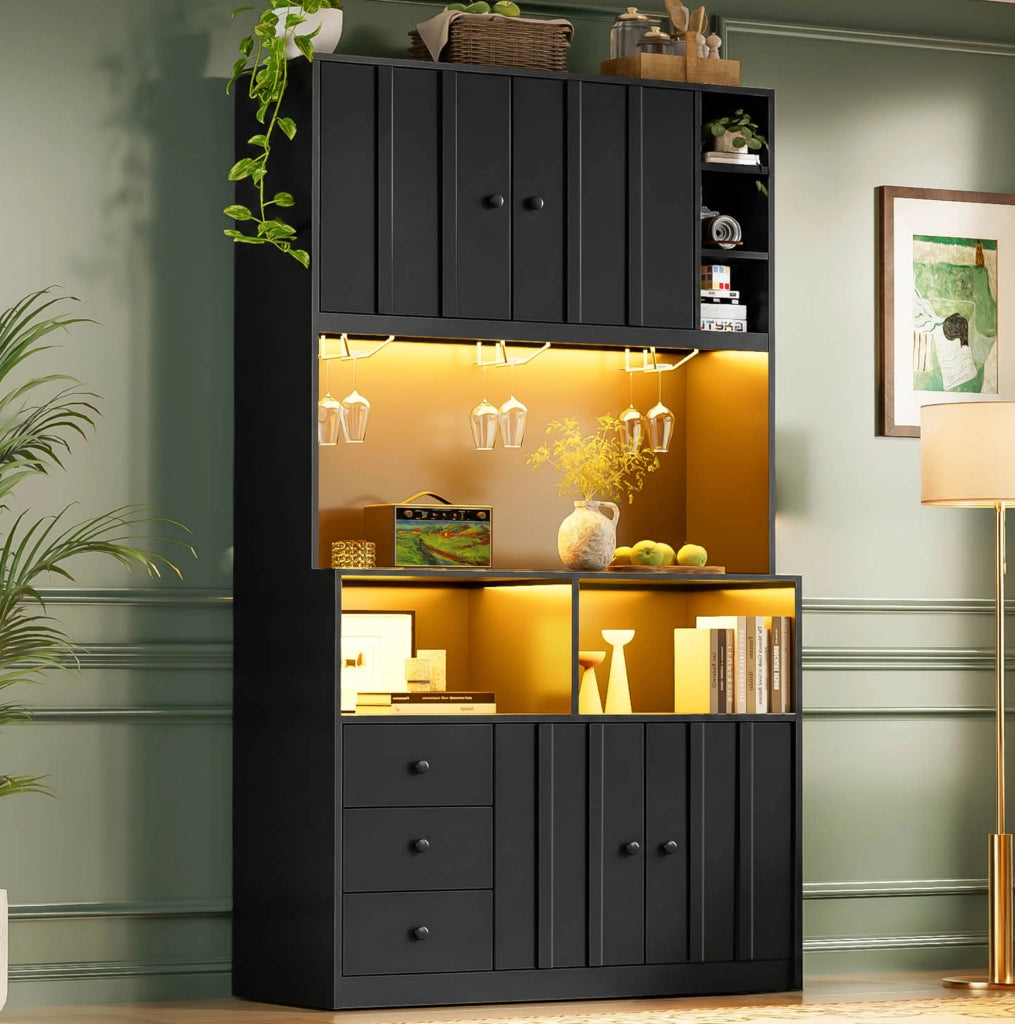 Credenza cucina alta 100x40x180 cm con LED RGB; prese USB e AC; in MDF nero