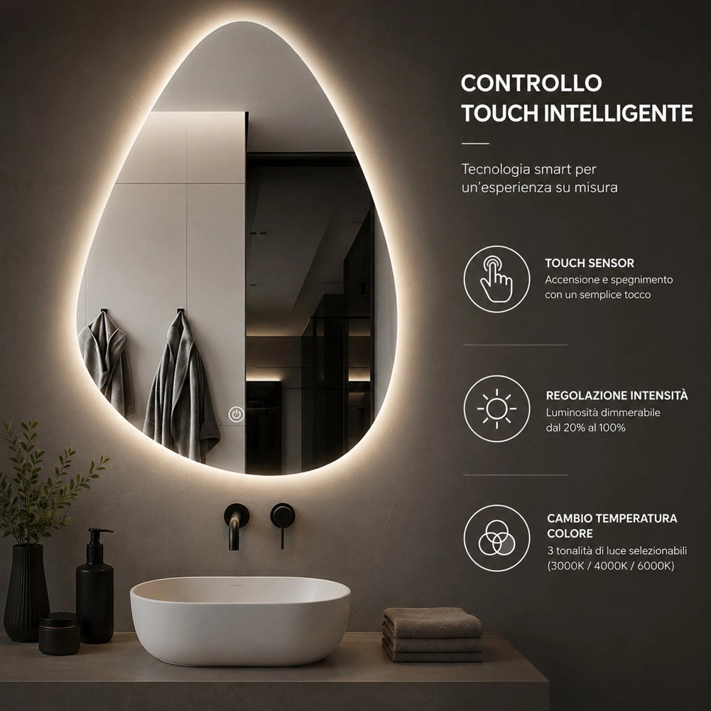Specchio a Goccia Diametro 60x70 cm Led a 3 Colori Dimmerabile Accensione Touch