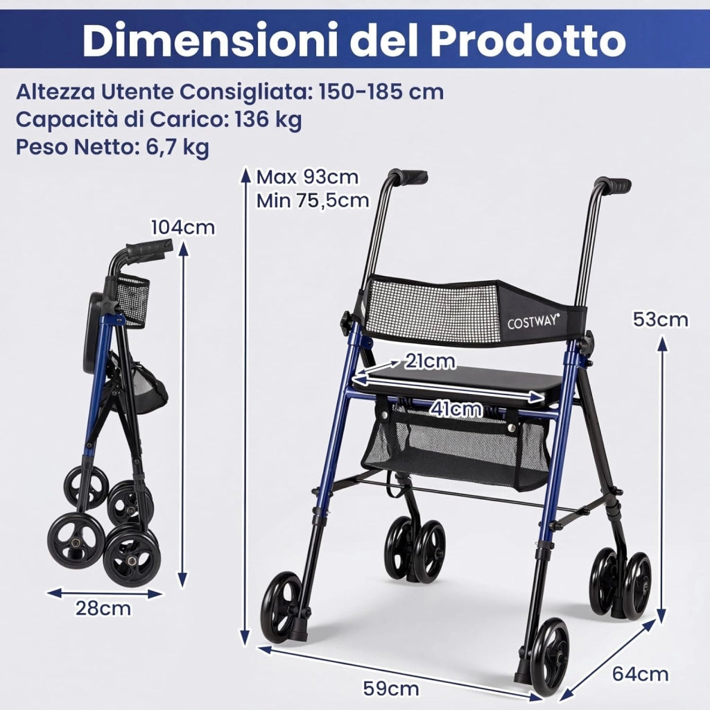 Deambulatore Pieghevole per Anziani, Girello a 4 Ruote con Sedile, Maniglie Regolabili a 8 Livelli, Schienale e Borsa a Rete, Deambulatore Rollator Ultraleggero per Disabil, Portata 136 kg