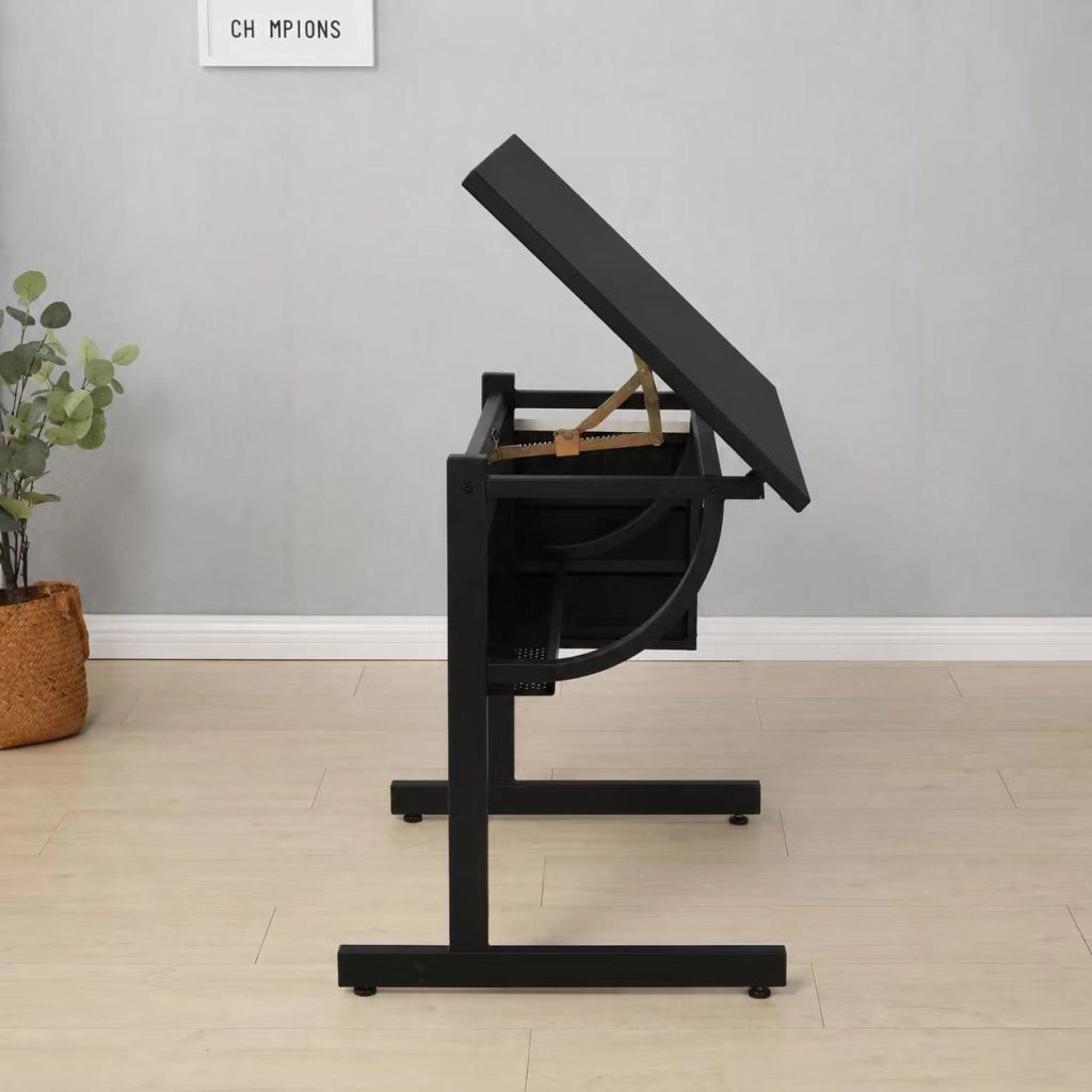 Tavolo da disegno nero con sgabello e 3 cassetti; MDF e metallo; piano inclinabile 0-75°