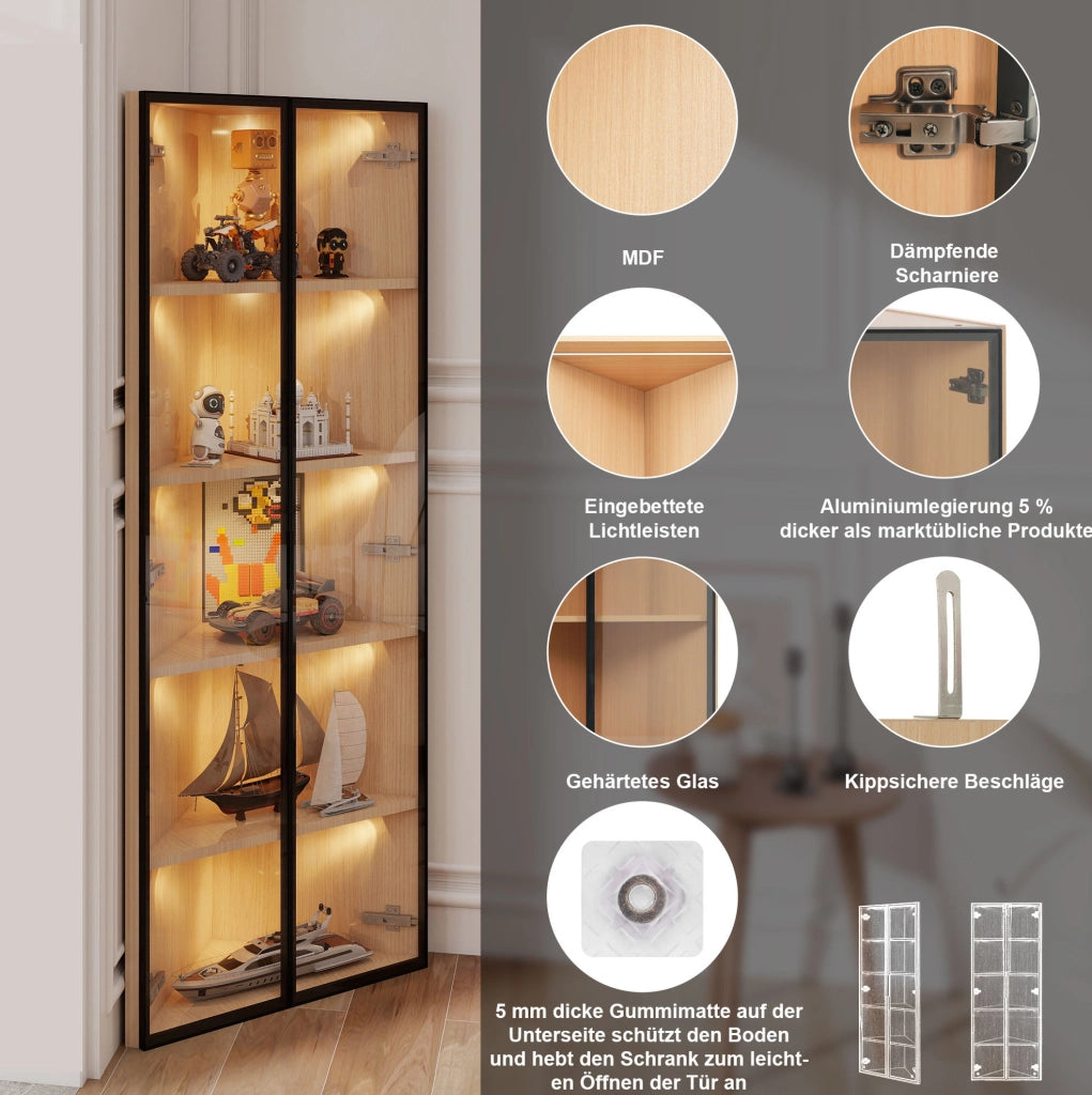 Vetrina angolare in MDF effetto rovere con LED e vetro temprato 62x35x160 cm