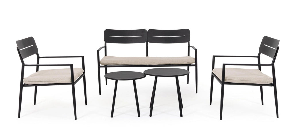 Set 5 Pezzi Salotto da Giardino con Divano 2 Poltrone e 2 Tavolini in Acciaio e Spunpoly Gargano Antracite