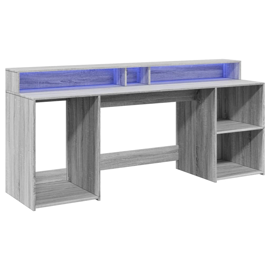 Scrivania tavolo postazione di lavoro mobile per computer mobile per studio e luci a LED Sonoma 200 x 55 x 91 cm legno ingegnerizzato grigio 02_0023811