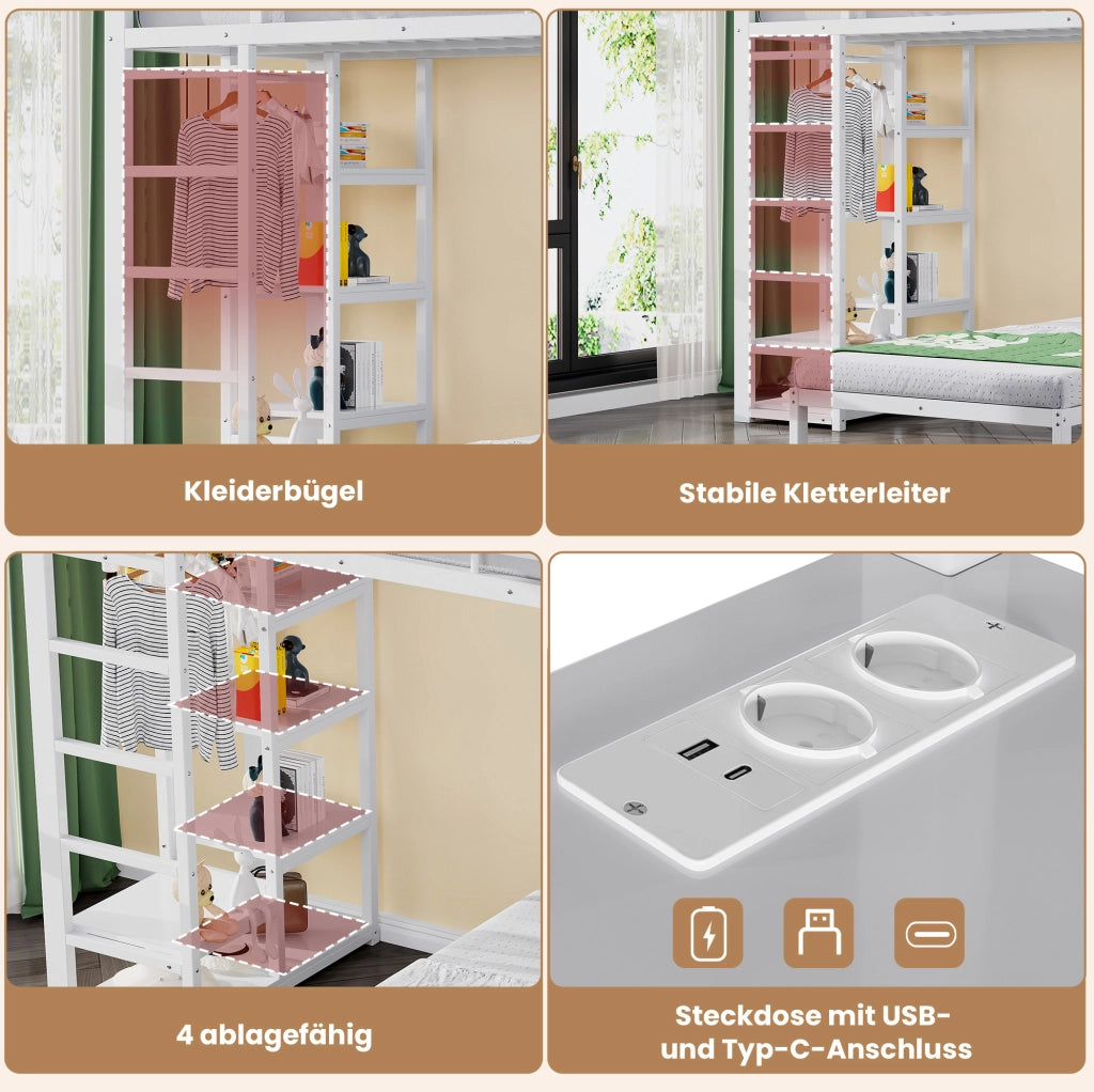 Letto a soppalco 90x200 cm con scrivania e scaffali, bianco