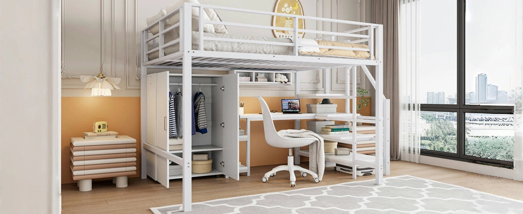 LETTO a soppalco 140x200 cm in metallo bianco con armadio, ripiani e scrivania