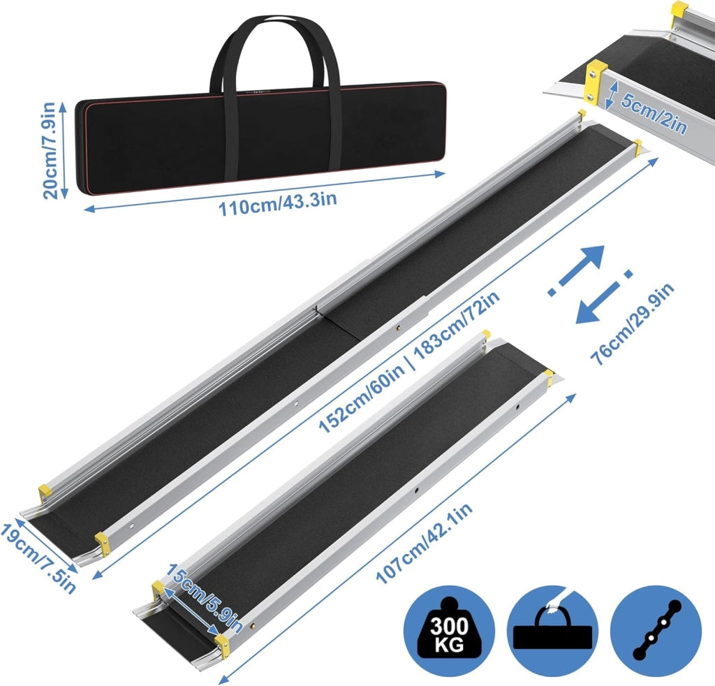 2X Rampa Telescopica per Sedie a Rotelle 107-183 cm in Alluminio, Rampa per Sedie a Rotelle, Capacità di Carico 300 kg, Rampa Telescopica, Rampa di Carico, Regolabile, Portatile per Sedie a