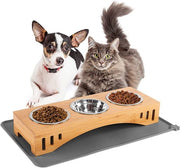 Set per cani piccoli e gatti (3 ciotole in acciaio inossidabile, sottopiatto, sostituto di bambù), ciotola per alimenti in bambù per cani e gatti, alta