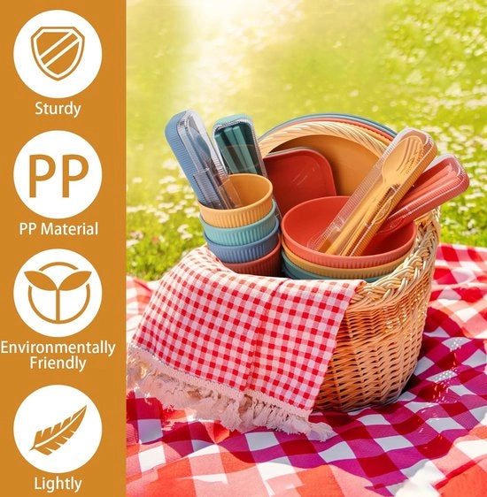 48 pezzi di servizio da campeggio, set di piatti in plastica non frantumabile per 4 persone con piatti, piatti per dessert, ciotole, tazze, posate, forchette per frutta, BPA-free, set di servizio, leggero, per bambini e adulti