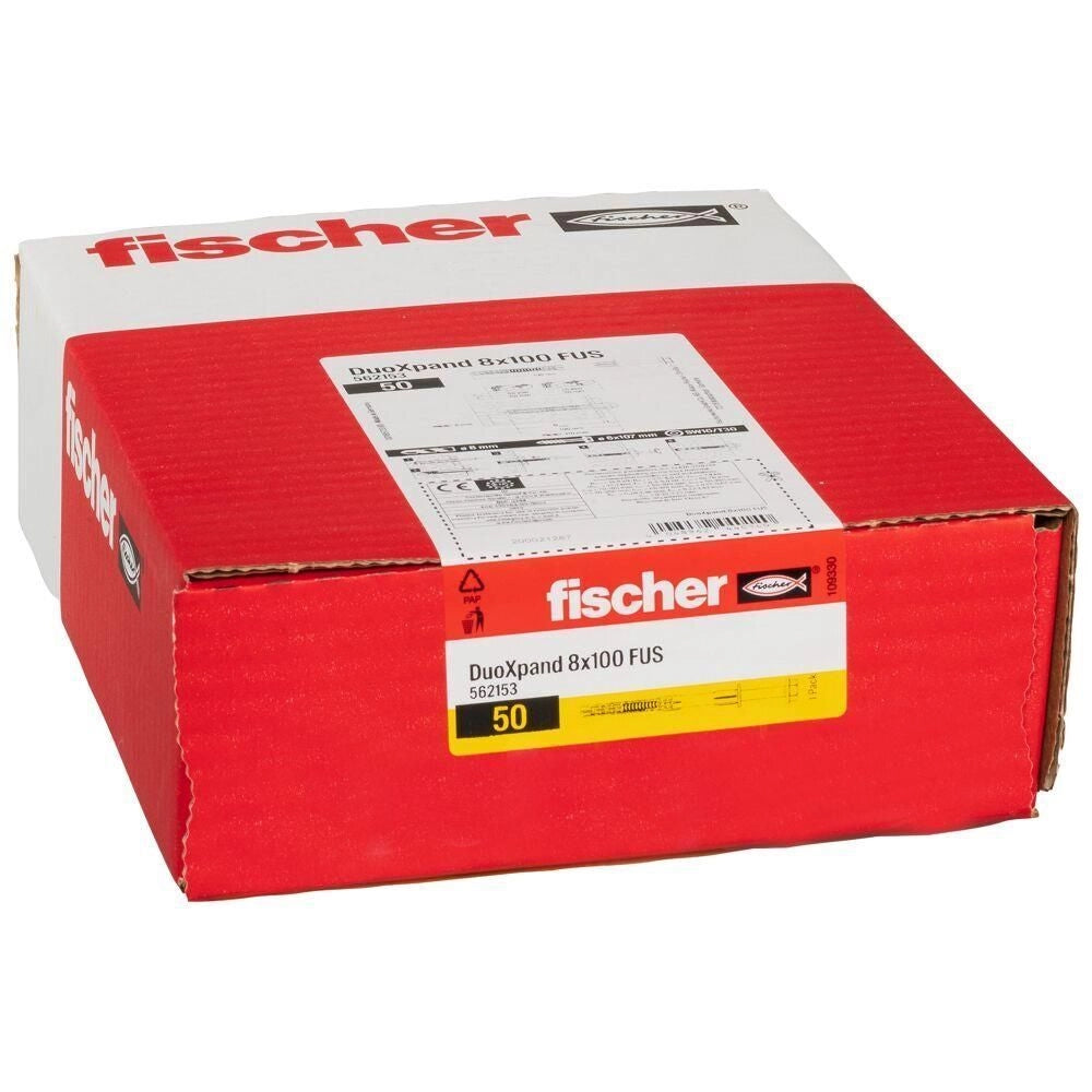 Fischer 562153 DuoXpand Tassello Prolungato Bimateriale con Vite a Testa Esagonale Flangiata 8x100 mm colore Grigio-Rosso