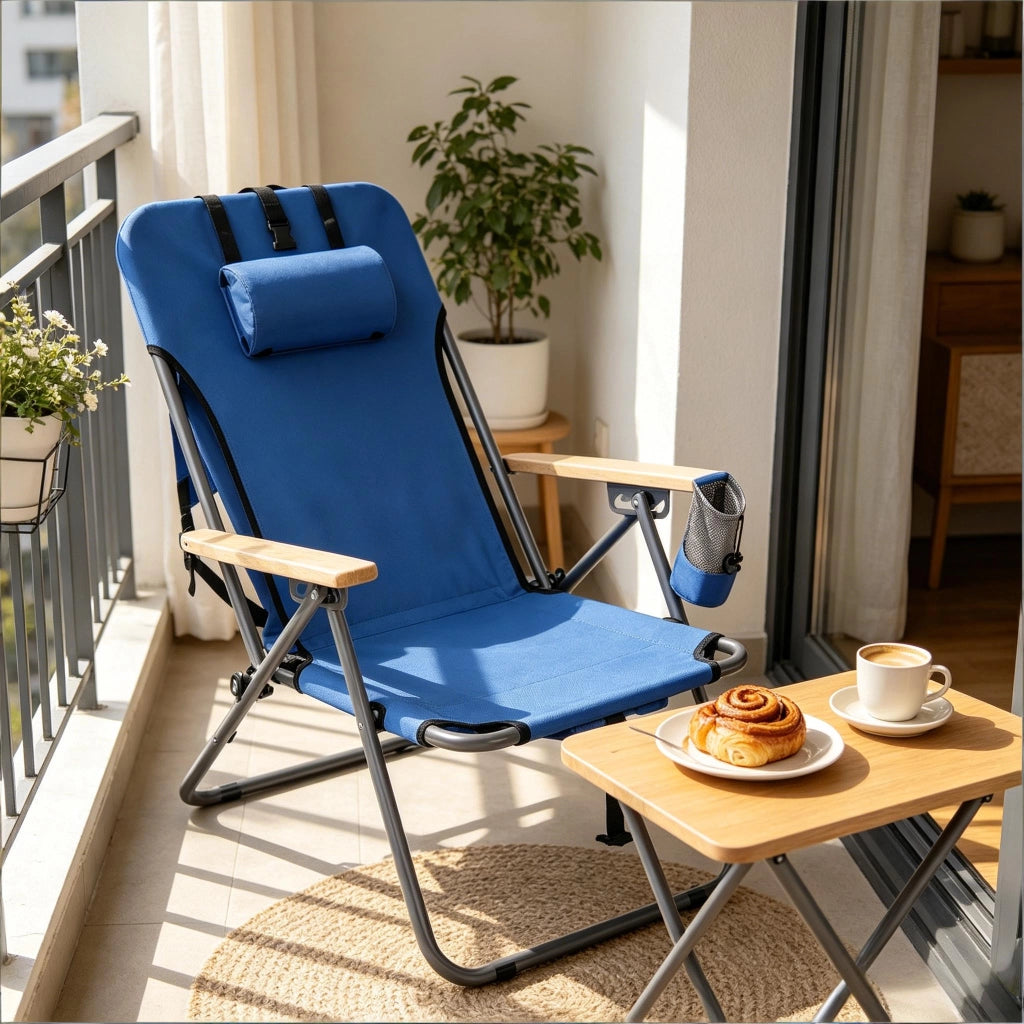 Sedia pieghevole da esterno blu con schienale reclinabile in 4 posizioni e design zaino