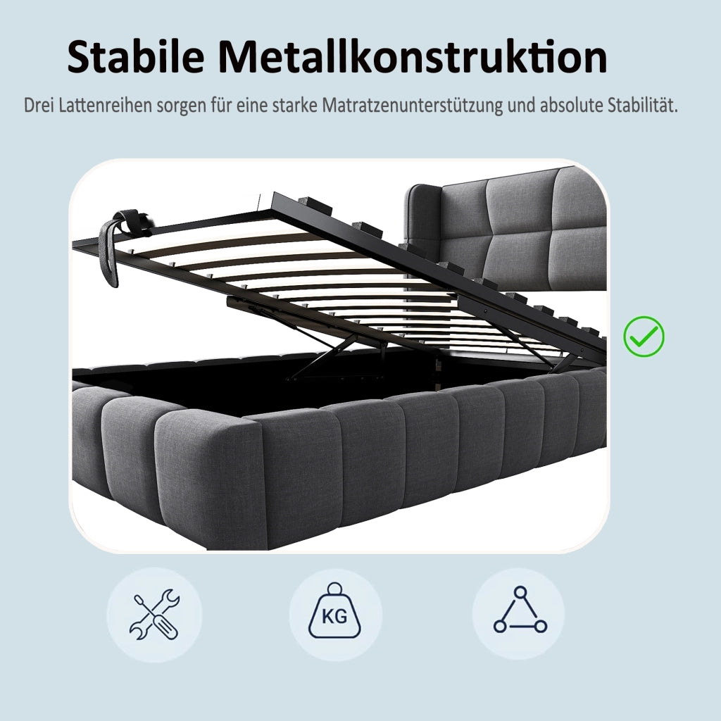 Letto per bambini 90 × 200 cm con contenitore a sollevamento, senza materasso, en tessuto, grigio