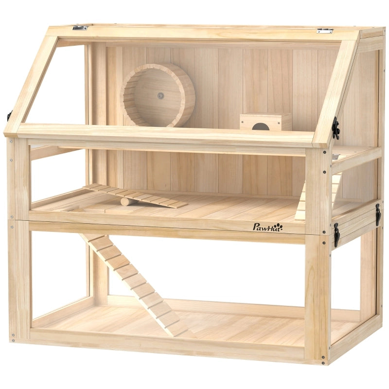 Gabbia per criceti in legno a 3 livelli con accessori e apertura frontale 80 x 50 x 76 cm