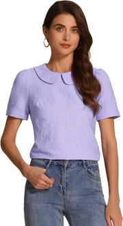 Blusa per donne con collo Claudine, top Kawaii, maniche corte, jacquard, stampa floreale
