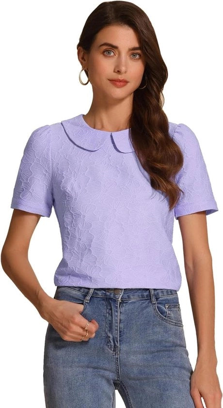 Blusa per donne con collo Claudine, top Kawaii, maniche corte, jacquard, stampa floreale