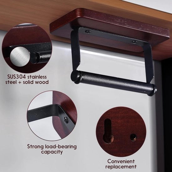 Sostegno per carta igienica, base in legno massello, SUS304, acciaio inox, progetto quadrato, resistente, resistente all'ossidazione, supporto per carta da parete per bagni, cucine e toilette