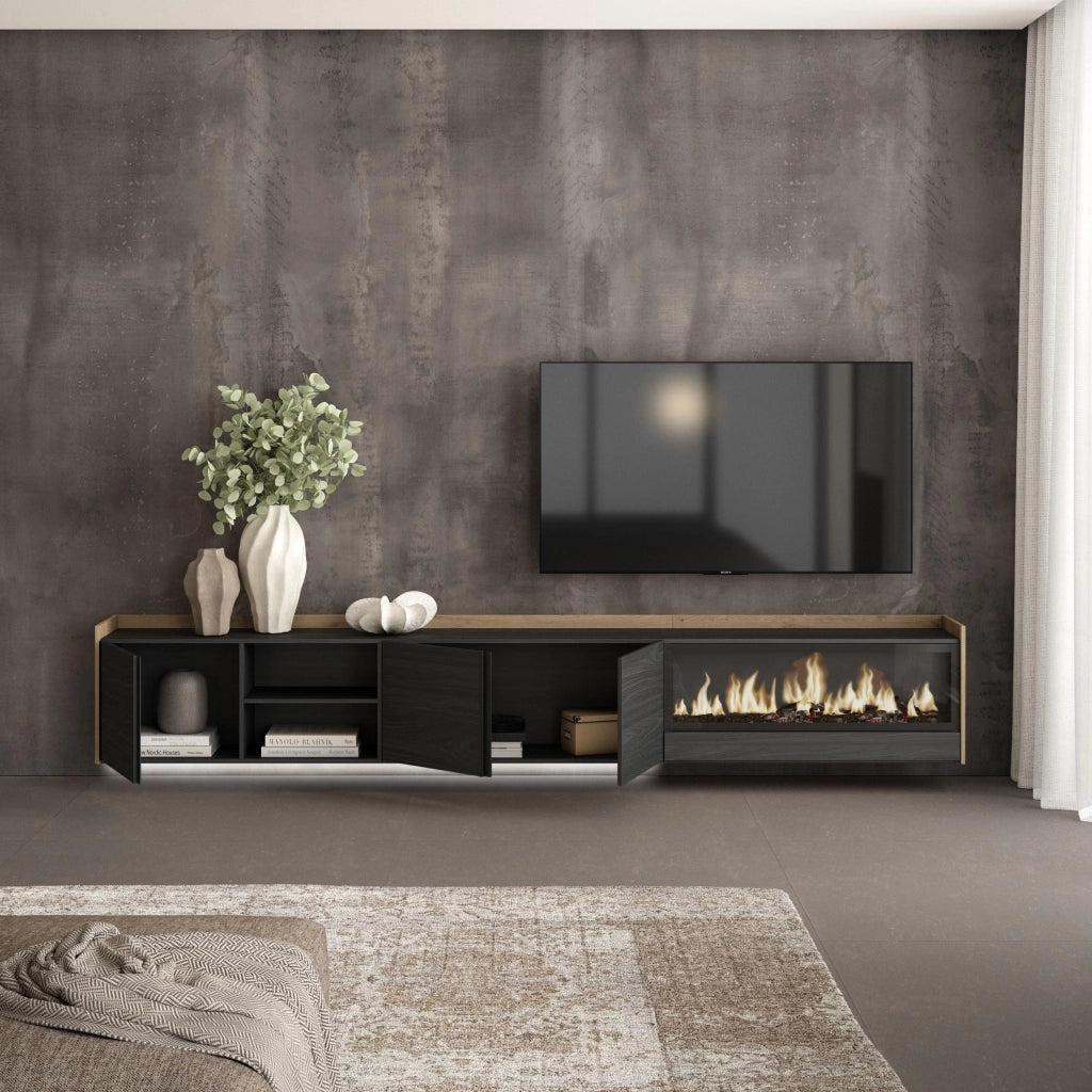 Mobile TV Soggiorno, 315x50x35 cm, Per TV fino a 80", Camino elettrico XXL, Sospeso, da appendere, LED, Nero e rovere