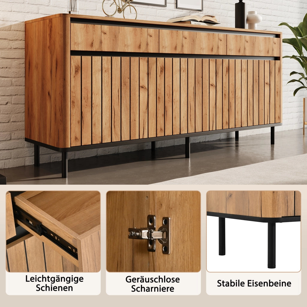 Credenza e madia con 3 cassetti e 3 ante a lamelle, per soggiorno e ingresso, in MDF naturale 160 × 40 × 73 cm