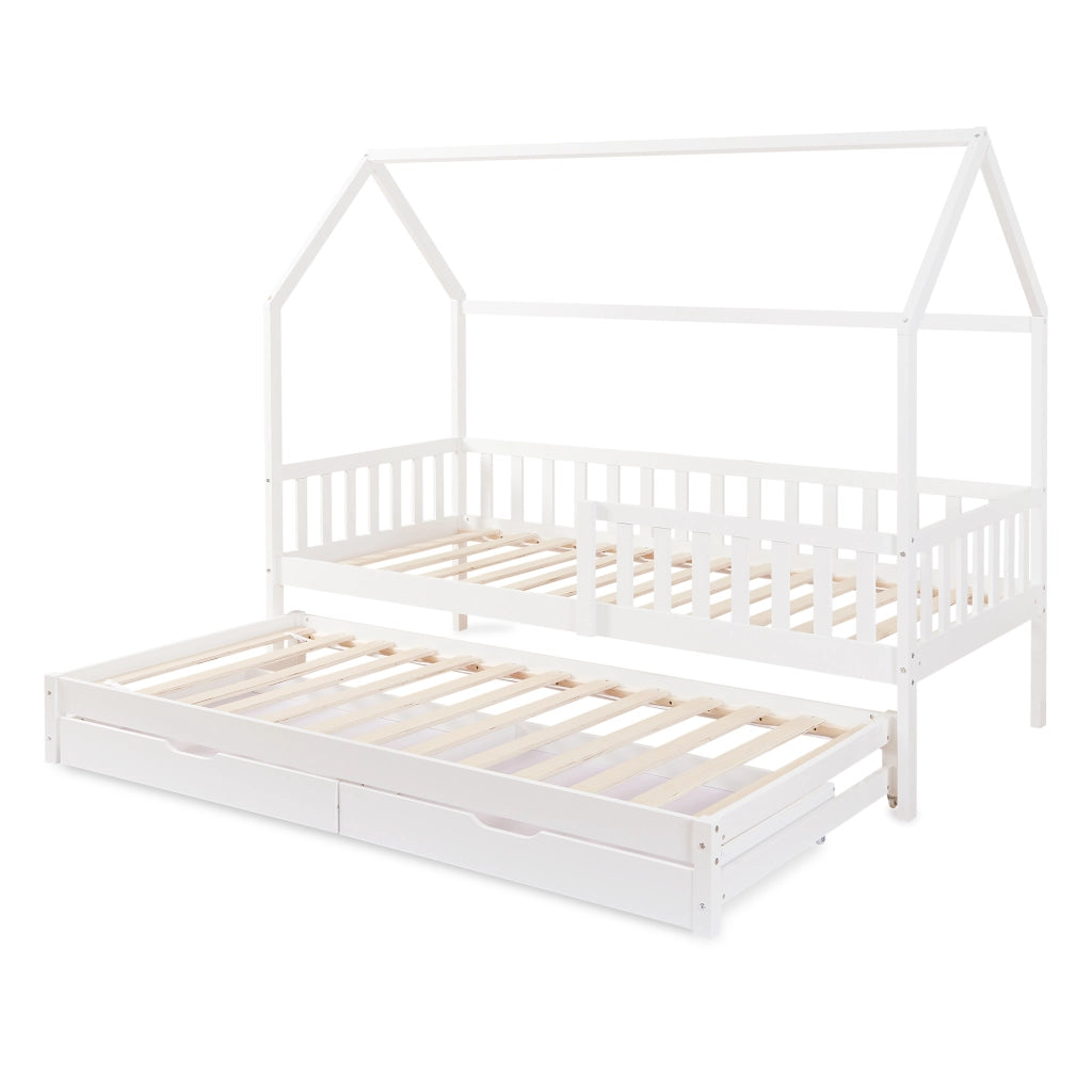 Letto a Casetta per Cameretta Aarghonmaa in Legno di Pino con Letto Estraibile e 2 Cassetti 90x200 cm - Bianco [en.casa]