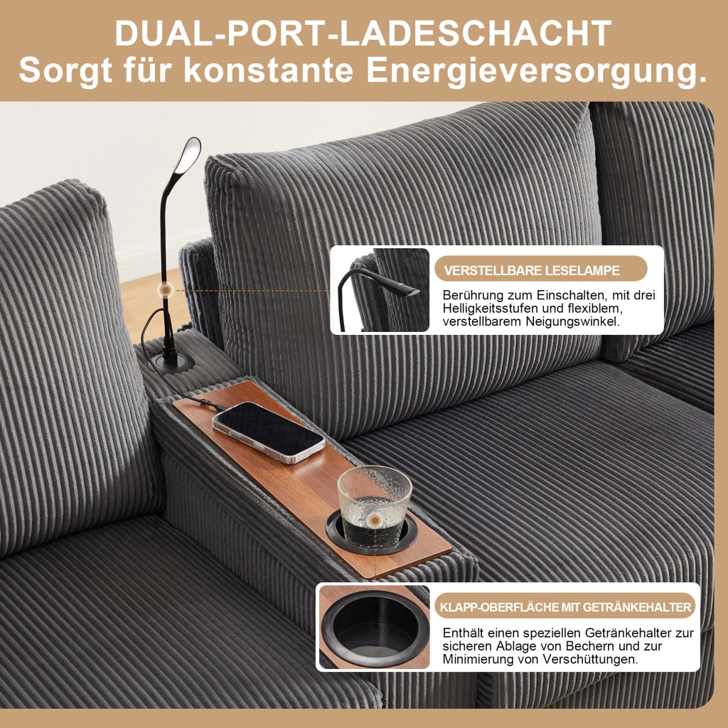 Divano a U con contenitore; lampada e USB in velluto a coste grigio 334×128.5×81 cm