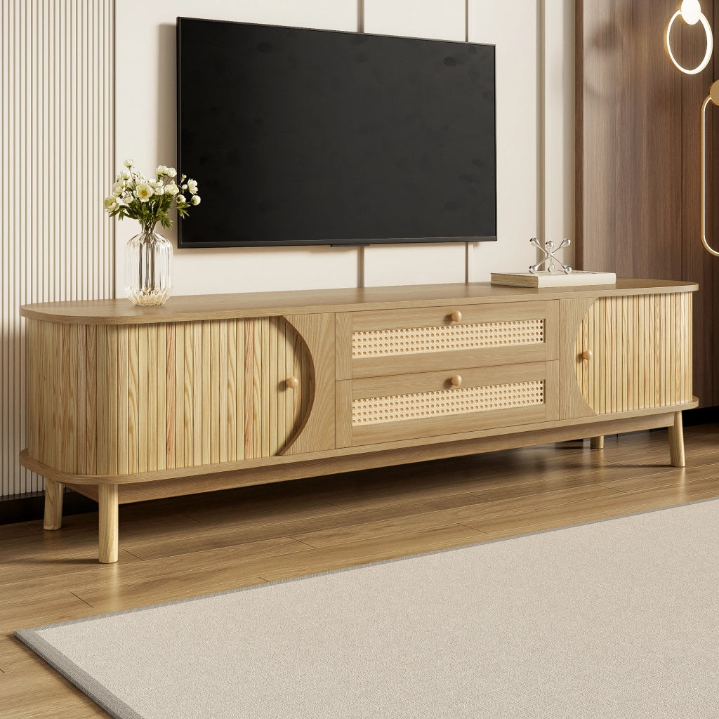 OKWISH Mobile TV con Ante e Cassetti, Frontali Effetto Rattan, Stile Naturale per Soggiorno, MDF e Legno Massello, 170×39,5×46 cm