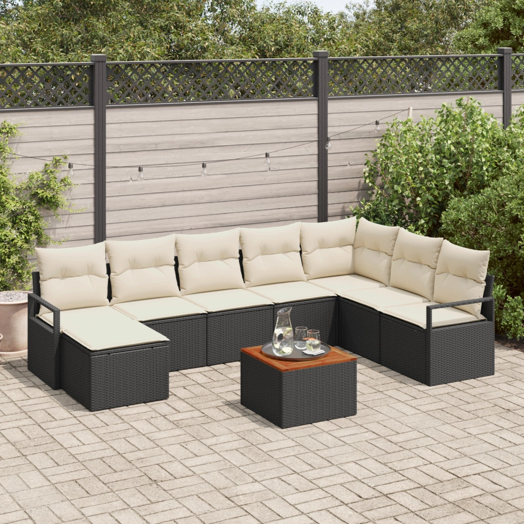 Set divano da giardino 9 pezzi con cuscini Rattan poli nero Acacia