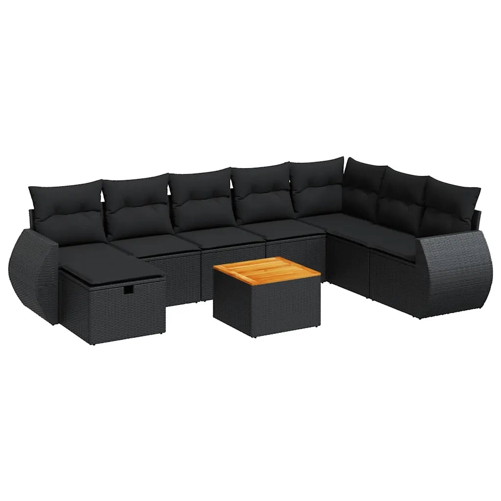 Set Divani da Giardino 9 pz con Cuscini Nero in Polyrattan