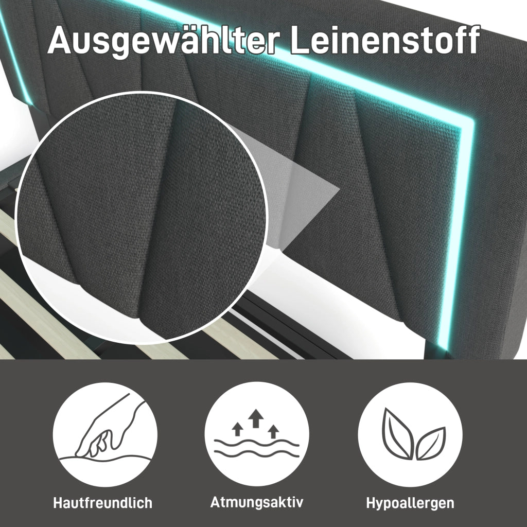 Letto imbottito con luci LED porta USB 160x200 cm lino grigio