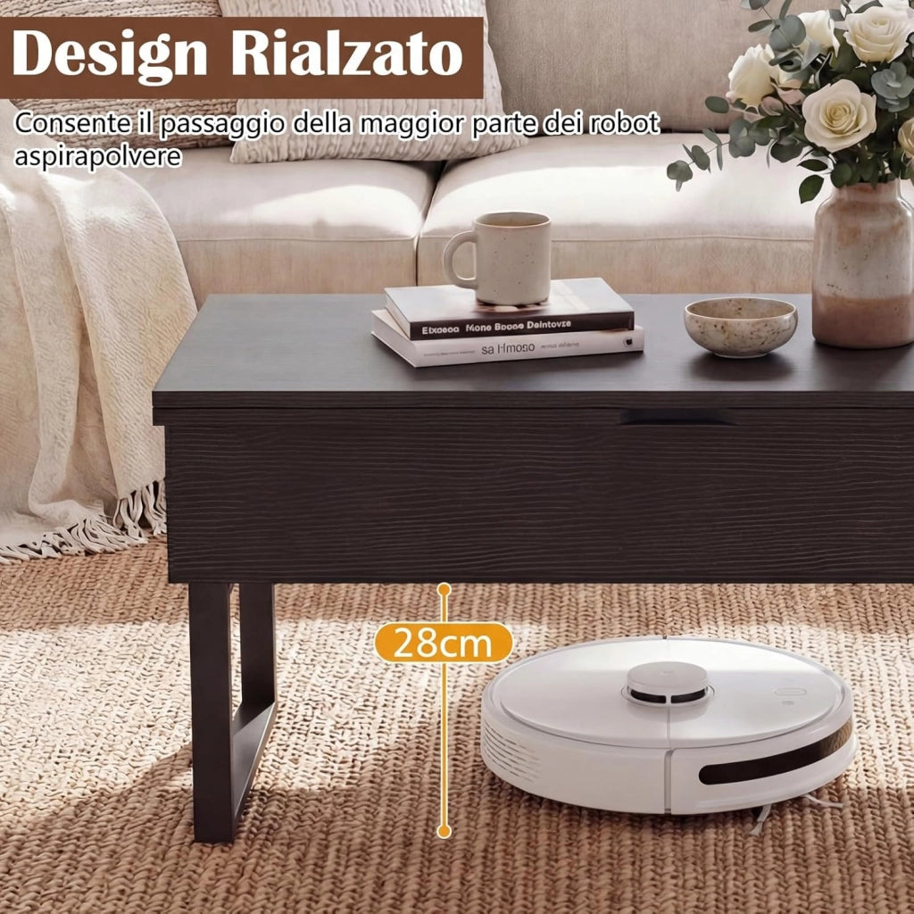 3 in 1 Tavolino da Salotto con Piano Sollevabile e Pieghevole, Tavolino Moderno Trasformabile in Tavolo da Pranzo in Legno con 3 Vani Nascosti, Ideale per Soggiorno e Ufficio (Nero)