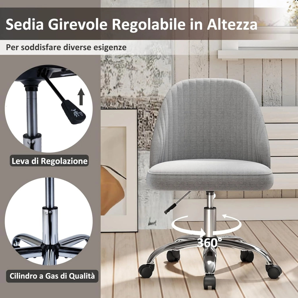 Sedia da Ufficio, Sedia da Scrivania Moderna senza Braccioli, con Schienale Curvo e Seduta Imbottita, Regolabile in Altezza con Rotelle Lisce per Camera da Letto (Grigio)
