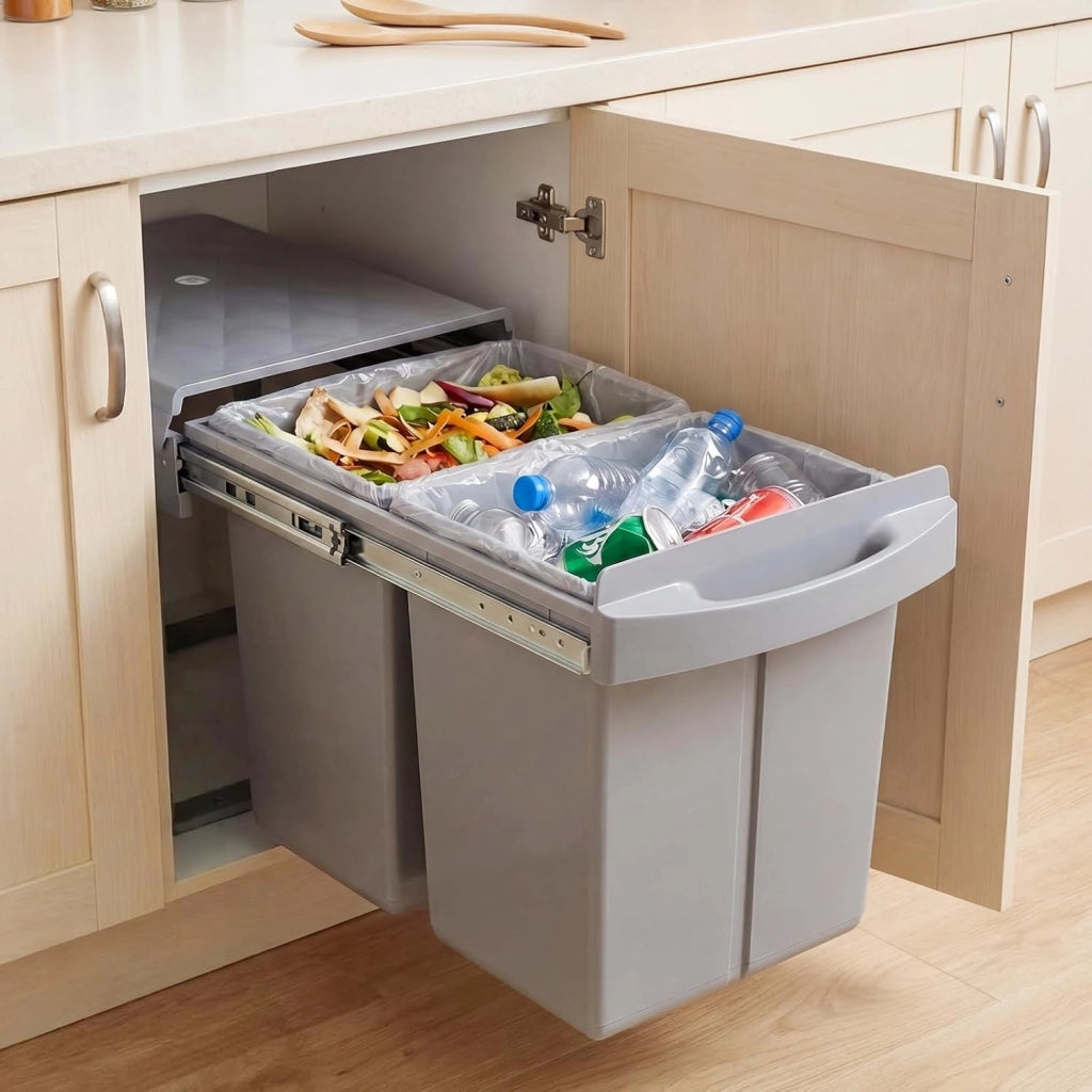 Pattumiera Estraibile Sottolavello, Pattumiera Differenziata con 2 Scomparti Rimovibili 20+20 L, Bidone della Spazzatura per Cucina, 51,5 x 34 x 41,5 cm