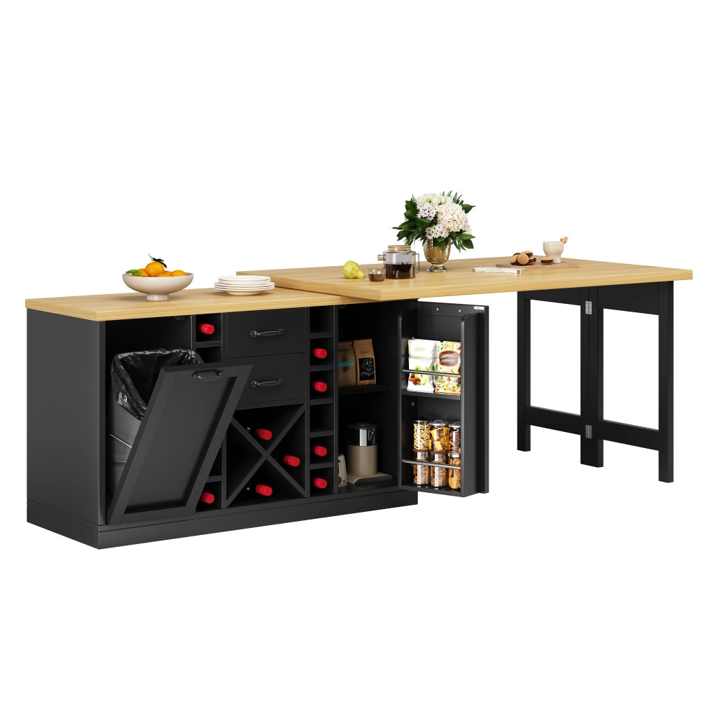 Isola da cucina girevole a 360° con piano in 2 parti; 2 cassetti; portabottiglie e porta pattumiera; nero; 120 × 40 × 73;8 cm