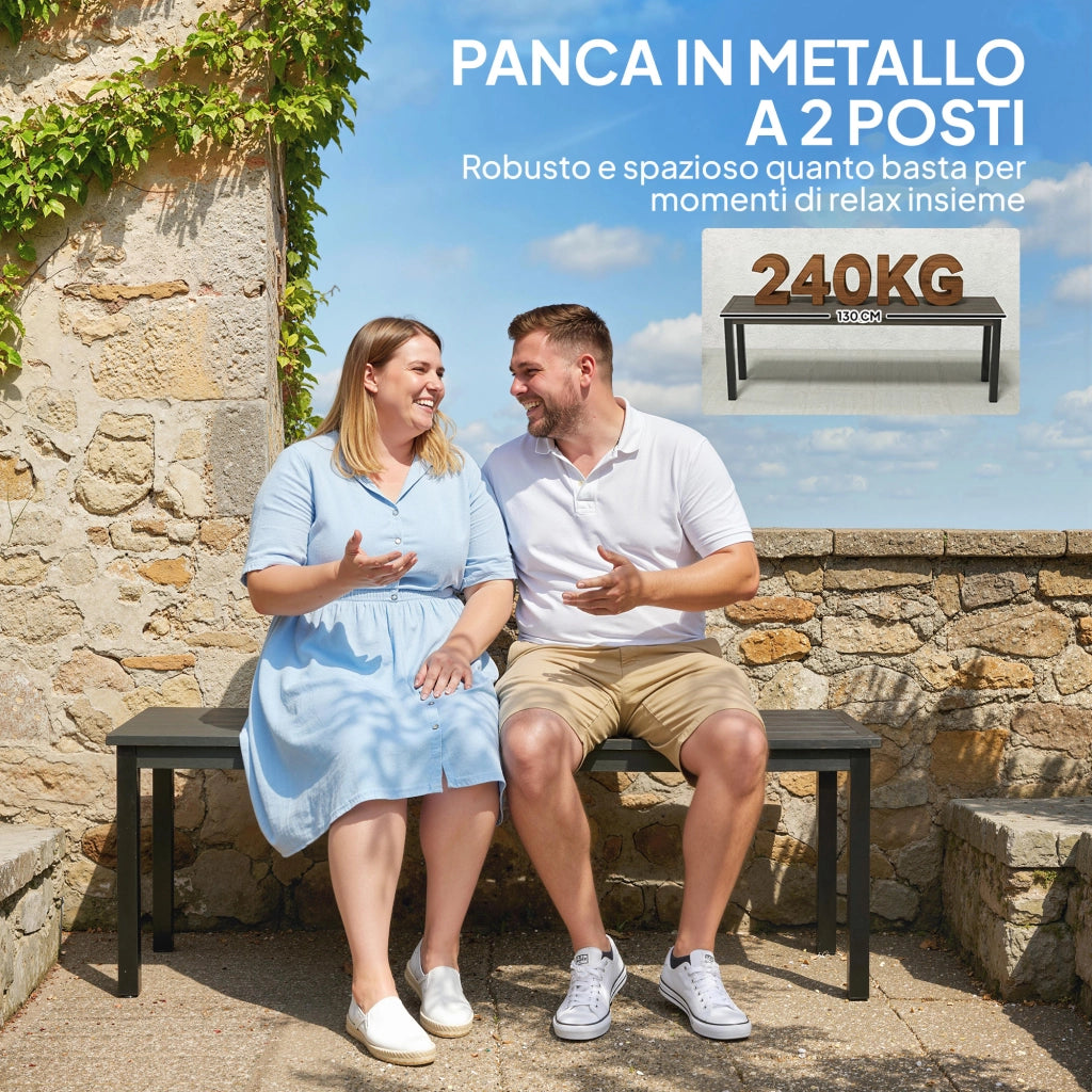Panchina da Giardino 2 Posti 130x34x43 cm a Doghe Effetto Legno Struttura in Acciaio Grigio