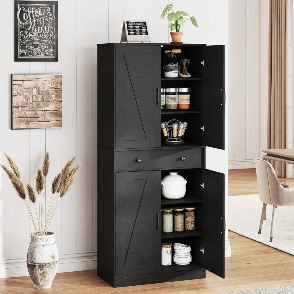 Credenza Alta da Cucina, Mobile Dispensa in Legno con 3 Ripiani Regolabili, 1 Cassette e 4 Ante, Armadio Moderno per Cucina, Soggiorno, Sala da Pranzo, 77 x 39 x 183 cm (Nero)